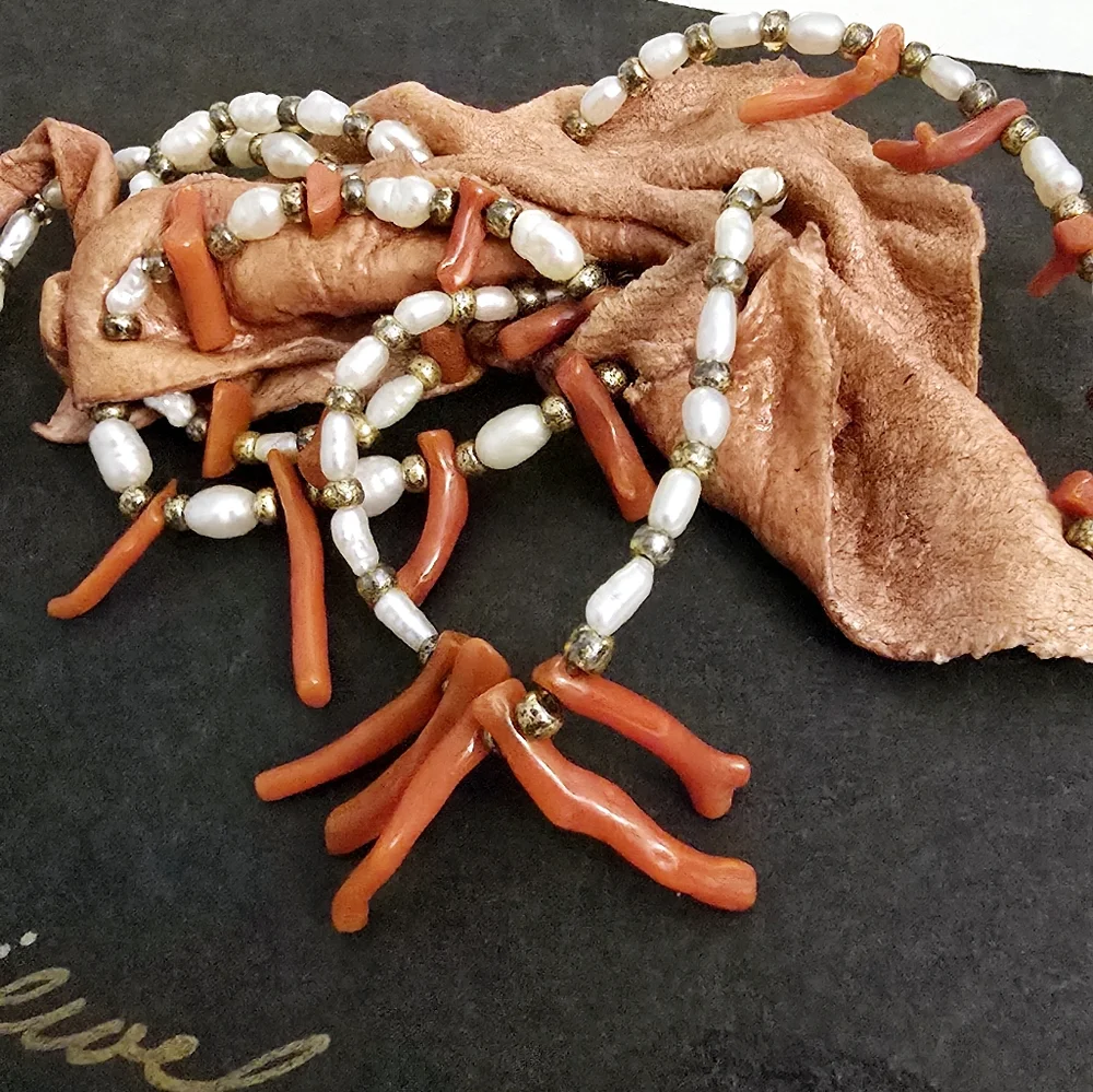 Vintage Branch Coral Pearl Suede Leather Hand Crafted Artist Designer Brooch Pin